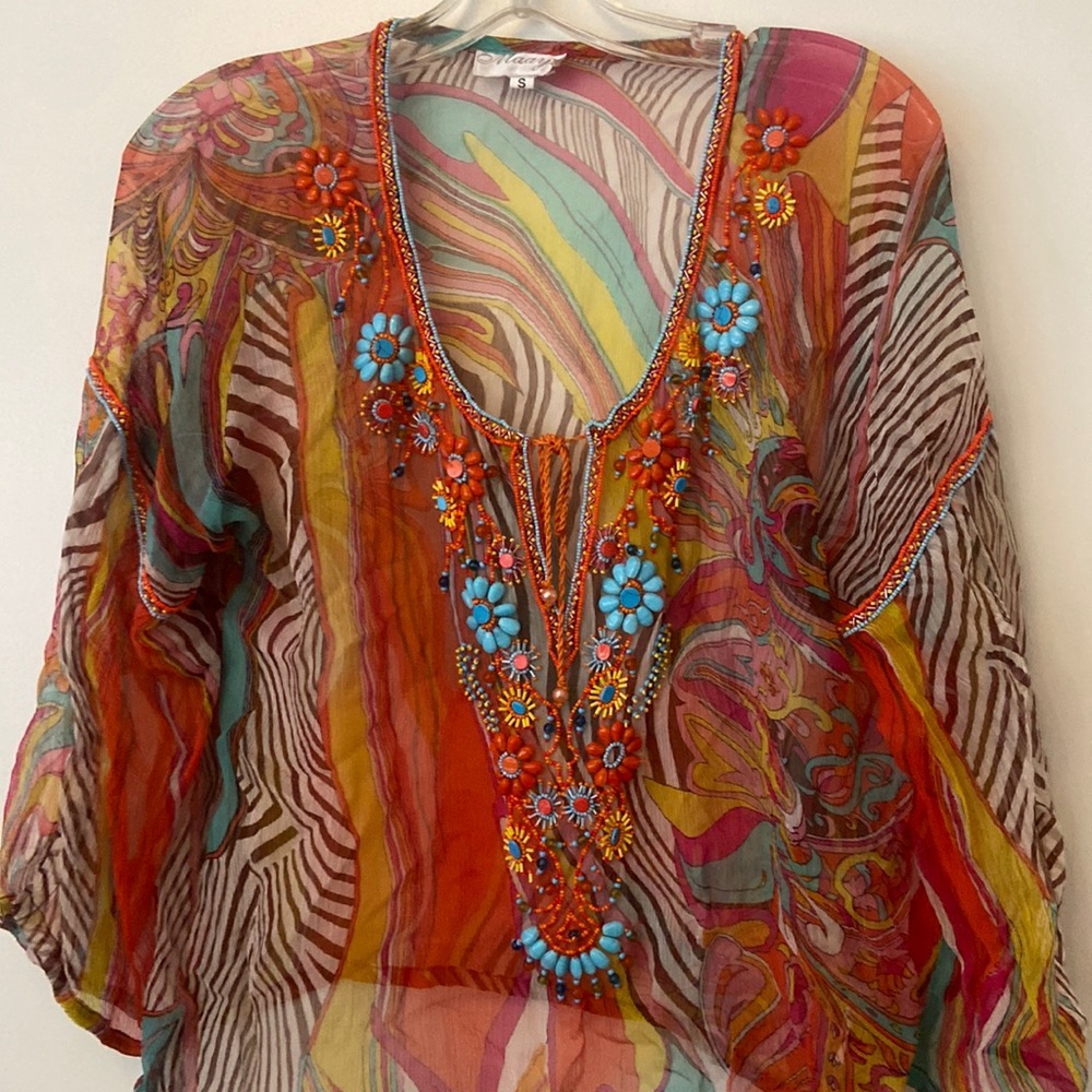 Beaded sheer cropped sleeve top